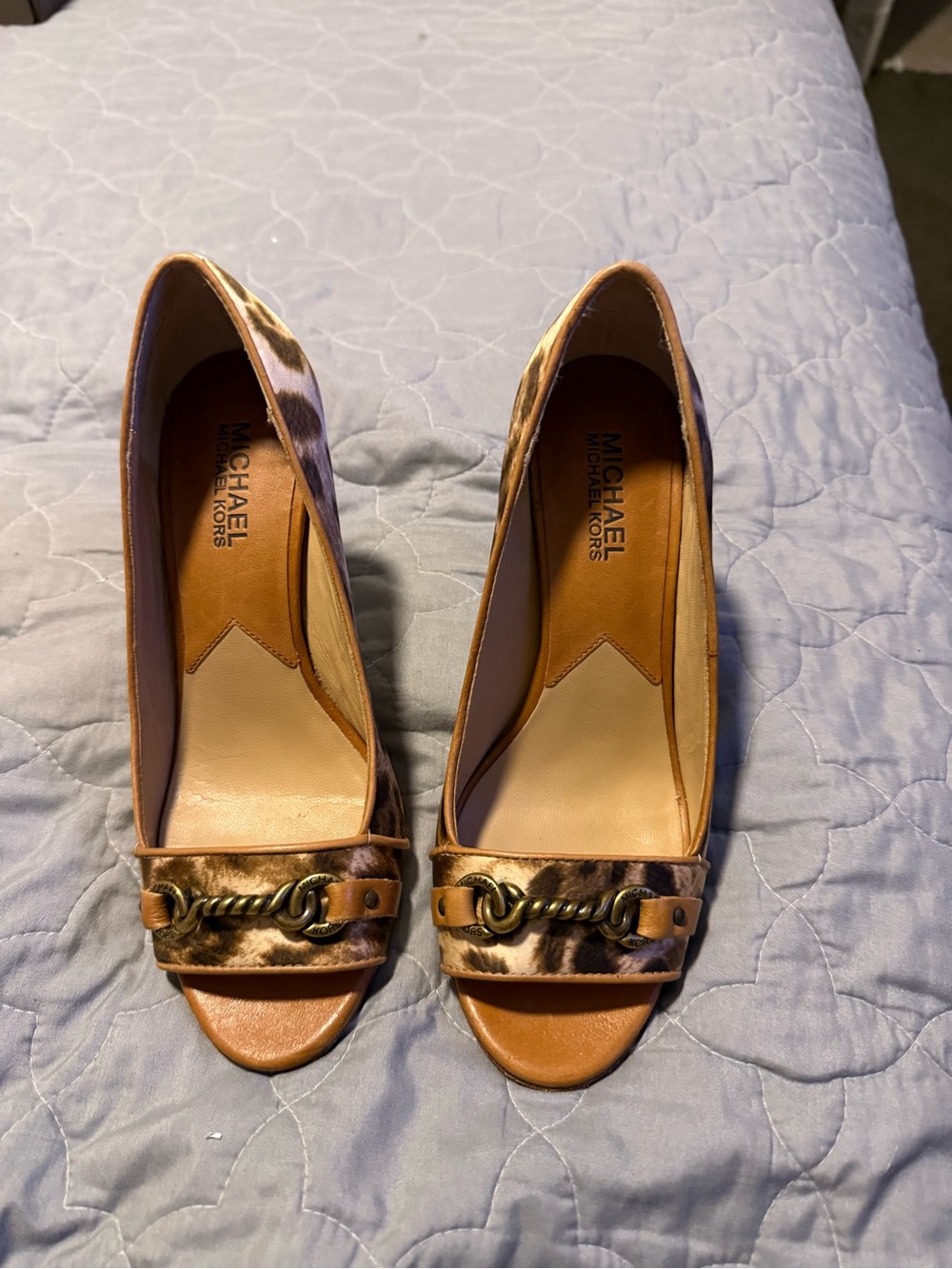 Michael Kors Tan Leather & Leopard-Print Peep-Toe Heels